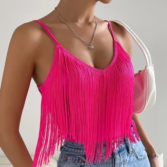 Pink Boho Womens Solid Fringe Trim Cami Top - Picture 5 of 5